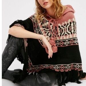 Free People High Life Fair Isle Fringe Poncho One Size Black Pink Cream